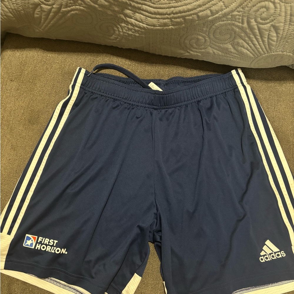 Adidas Men's Navy Athletic Shorts with White Stripes